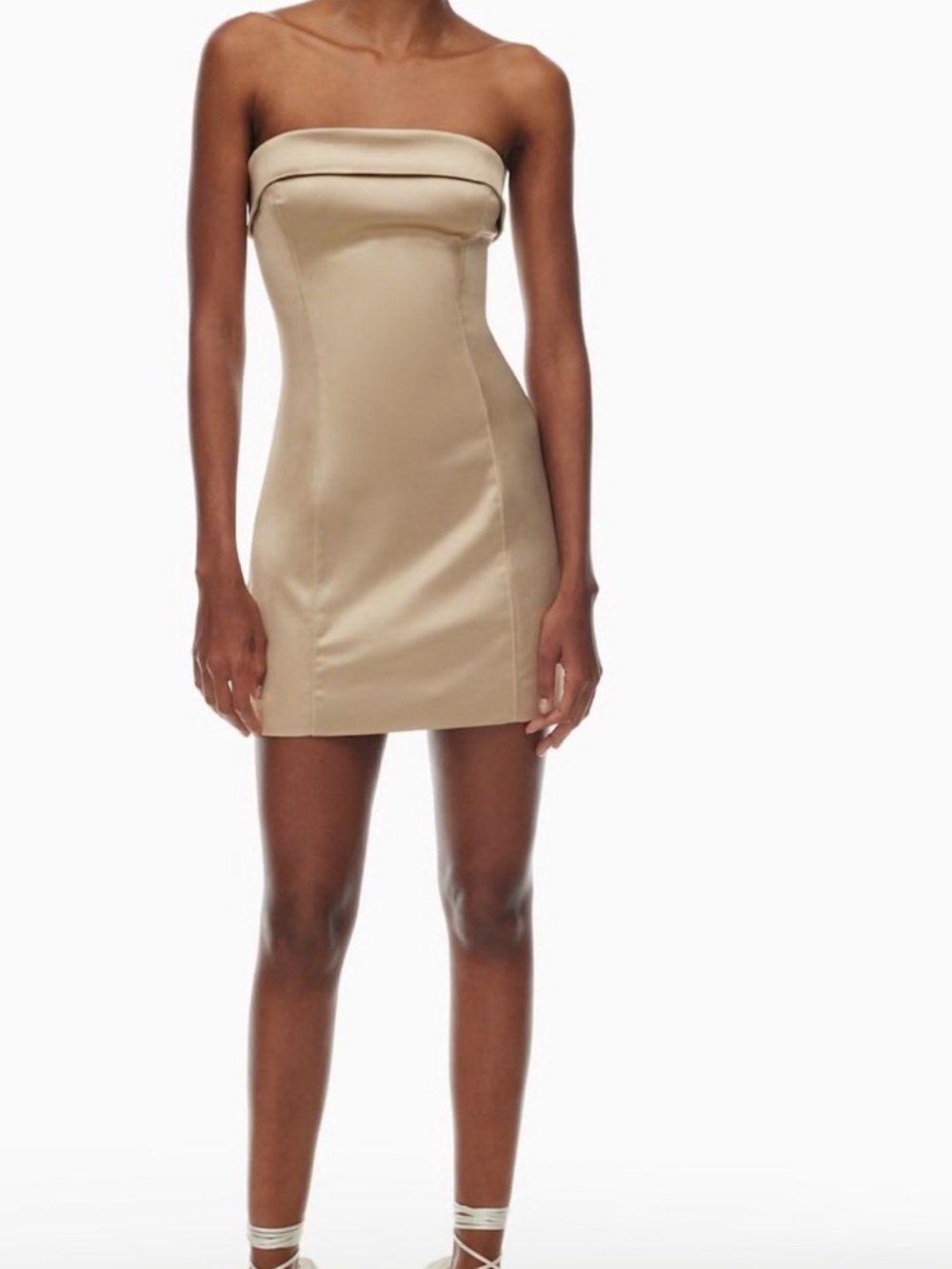 Aritzia Ten Strapless Shimmer Satin Mini Dress in Gold Camel(NWT)